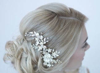 Wedding Hair With Flowers & jewels : Gorgeous gold bridal comb with ivory flower petals and gold leaves. So beautiful…