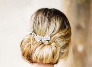 Wedding Hair With Flowers & jewels : low bun with a touch of sparkle….