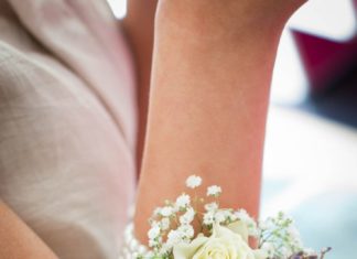 Wedding Hair With Flowers & jewels : This wrist corsage was created on ivory ribbon with lavender, gypsophila and spr…
