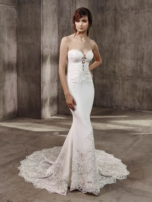 Strapless flute embroidered wedding gown: www.stylemepretty... Courtesy: Basgle...