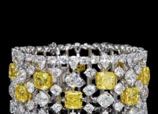 Best Diamond Bracelets : RONALD ABRAM. Spectacular 72.86 carat Fancy Vivid Yellow and White Diamond Brace…
