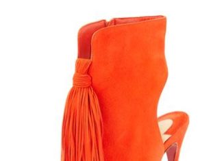 Best Women’s High Heels : Ottaka Suede Fringe Open-Toe Red Sole Bootie, Cappucine by Christian Louboutin a…