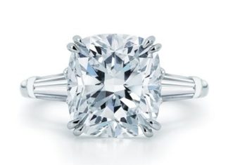 Diamond Rings : Cushion-cut diamond engagement ring with tapered baguette diamonds…