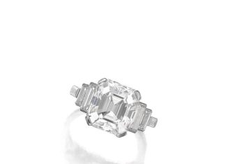 Diamond Rings : Diamond ring The step-cut diamond weighing 6.58 carats, set between graduated ba…