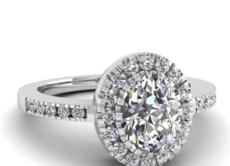 Diamond Rings : Oval Shaped Diamond Halo Ring With White Diamonds In 14k White Gold…
