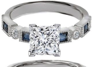 Diamond Rings : Princess Cut Diamond Engagement Ring Blue Sapphire Accents & Matching Weddin…