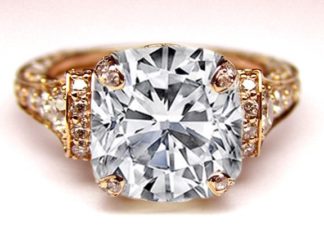 Diamond Rings : Rose Pink Gold Cushion Diamond Cathedral Graduated pave Engagement Ring…