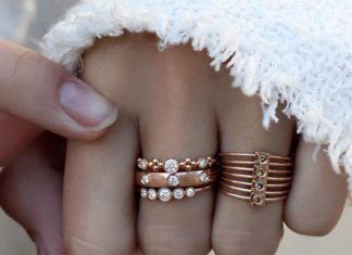 Engagement Rings & Wedding Rings : Three ring stack of "three diamond bezel Stevie ring," "diamond …