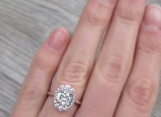 Engagement Rings & Wedding Rings : 14k recycled rose gold band with center moissanite surrounded by .33 ct. diamond…