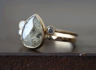 Engagement Rings & Wedding Rings : Natural pale green rose cut diamond ring set in 14k yellow gold. Shown with Ope…