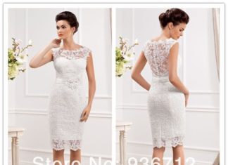 Short Wedding Dresses : 2014 New Designer Elegant Scoop Neckline Sheath Lace Short Wedding Dresses SF014…