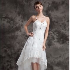 Short Wedding Dresses : A-Line/Princess V-neck Asymmetrical Organza Tulle Wedding Dress With Lace Beadin…