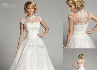 Short Wedding Dresses : Bridal a-line tea length closed back applique jewel short sleeves wedding dress …