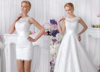 Short Wedding Dresses : Elegant 2 in 1 Lace Wedding Dress Detachable Skirt High Neck Two Pieces A-Line…