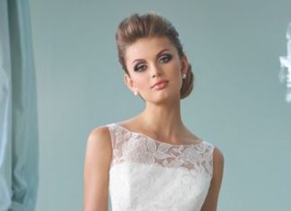 Short Wedding Dresses : This sleeveless tea-length lace over tulle A-line dress features a lace illusion…