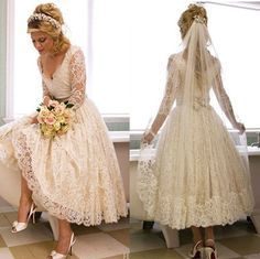 Short Wedding Dresses : Vantage V-Neck Long Sleeve Tea Length White Lace Princess Wedding Party Dresses,…