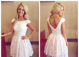 Short Wedding Dresses : XH38 White Pearl Capped Sleeve Knee-length Lace Homecoming Dress,White Pearls Sh…