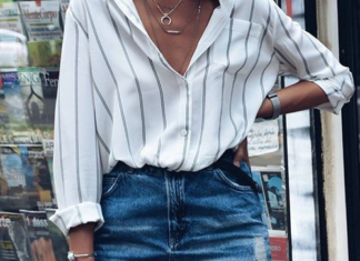 Street Style : streetstyleplatform:
Striped White Blouse
Denim Ripped Skirt