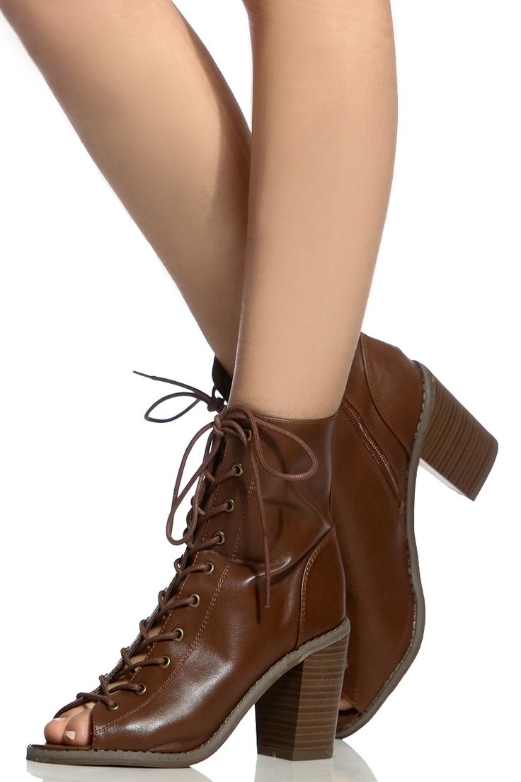 Tan Faux Leather Lace Up Chunky Booties @ Cicihot. Booties spell style, so if yo...