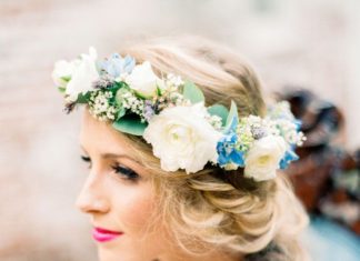 Wedding Hair With Flowers & jewels : Blue + white flower crown with a textural braid…