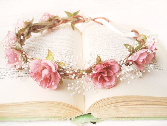 Flower Crown, Bridal Headpiece, Pink Roses, Baby's Breath, Floral Headband, ...