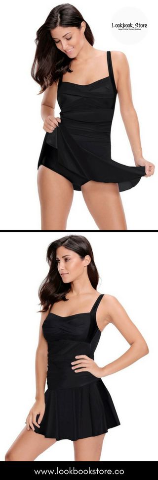 Swim Trends // Be a beach stunner by wearing this black ruched pleated swim dres...