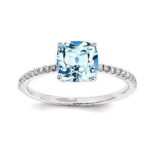 14k White Gold Diamond And Square Cushion Blue Topaz Ring - Sparkle & Jade