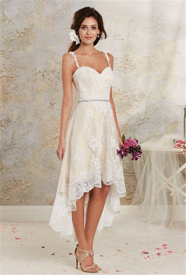 2016 Vintage High Low Country Wedding Dresses Cheap New Sexy Spaghetti Lace Tea ...