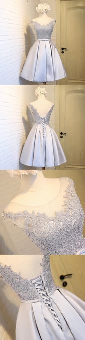Lace Appliqued Silver Satin Short Prom Dresses,2017 Hoco Dresses,It can be made ...