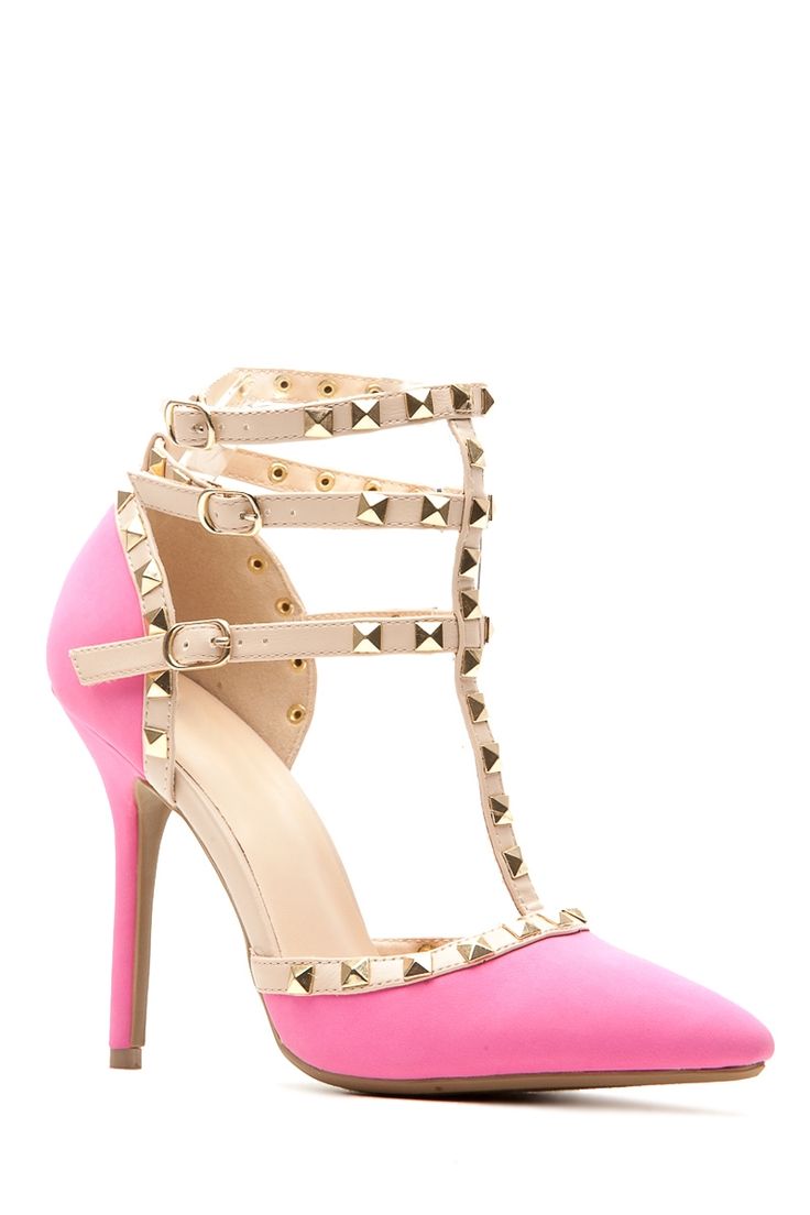 Neon Pink Faux Nubuck Studded Pointed Toe Single Sole Heels @ Cicihot Heel Shoes...