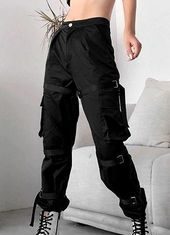 Grunge Outfits : Black Cargo Pants With Ribbon Pockets