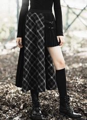 Grunge Outfits : Women’s Asymmetrical Hem Plaid Pleated Skirts