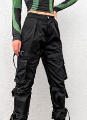 Grunge Outfits : Black Cargo Pants With Ribbon Pockets