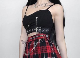 Grunge Outfits : Summer Goth Girl Woman Stitching Buckle Leather Zipper Camisole Short Vest Black Red Plaid Top