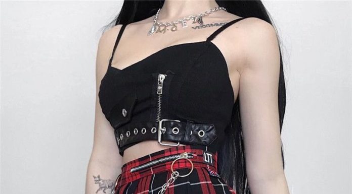 Grunge Outfits : Summer Goth Girl Woman Stitching Buckle Leather Zipper Camisole Short Vest Black Red Plaid Top