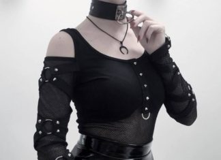 Grunge Outfits : Women’s Cold-Shoulder Strappy Steampunk Mesh Top – Punk Design