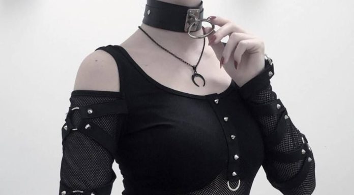 Grunge Outfits : Women’s Cold-Shoulder Strappy Steampunk Mesh Top – Punk Design