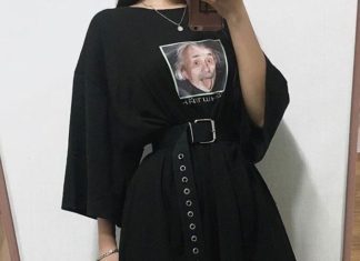 Grunge Outfits : T shirt dress / black belt / thigh high black boots