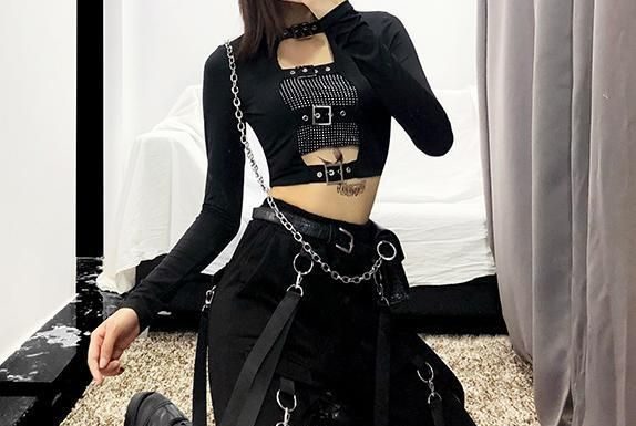 Grunge Outfits : Gothic Sexy Buckle Front Long Sleeve Crop Top