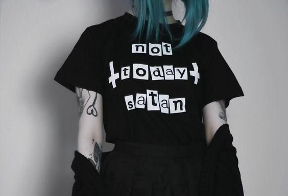 Grunge Outfits : Not Today Satan Women Pastel Goth T-Shirt Japanese Fashion Grunge Black Tee Cool Summer Tops