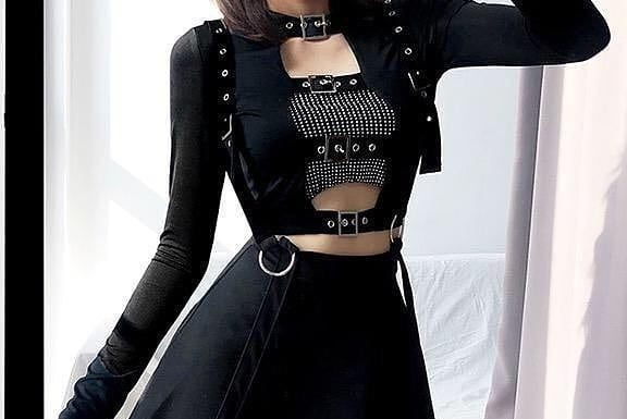 Grunge Outfits : Rock ‘n Doll on Instagram: “WANT or NEED? 🖤 Get these Buckle Front Crop Top and Suspender Straps High Waist Skirt at rockndollstore.com! ✈ FREE SHIPPING Worldwide ✈ .…”