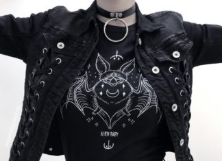 Grunge Outfits : Gothic T-Shirt by Alien Baby with Stylized Bat Print in White