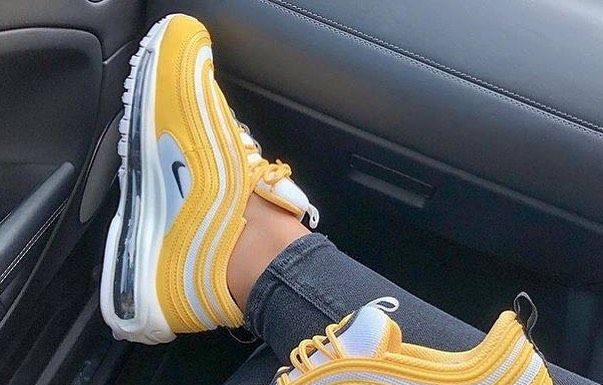 nike air vapormax shoes : Yellow Nike Air Max 97 sneakers.
