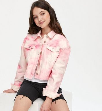 planet fitness dress code : Girls Pink Tie Dye Frayed Denim Jacket New Look
