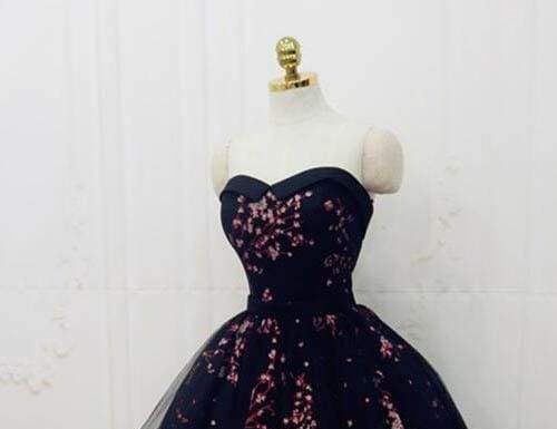formal dress code : Black Cute Sweetheart Tulle Formal Dresses Puffy Strapless Appliqued Homecoming Dress