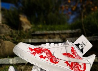 nike air force 1 red : Custom sneakers Nike Air Force 1 ‘Red dragon х The Great Wave off Kanagawa’