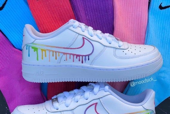 nike air max shoes : Nike air force 1 – custom sneakers – hand painted – rainbow custom drip – customized shoes