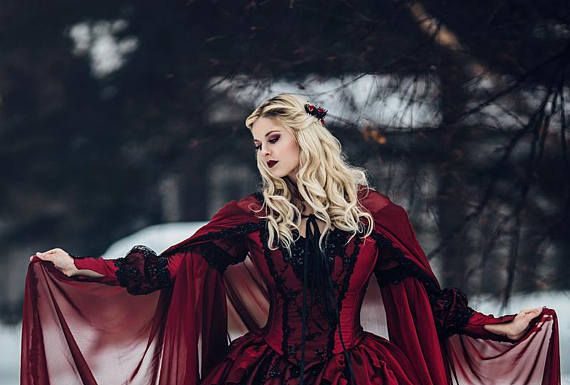 red dress coupon code : Gothic Winter Wedding Sleeping Beauty Red and Black Sparkle Fantasy Set with Cape Custom XS – 2X
