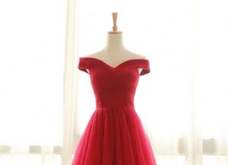 red dress coupon code : Robe de cérémonie rubis princesse élégante épaule dénudée