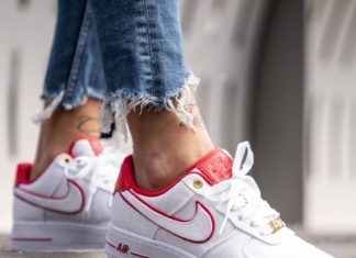 red nike air max : Nike Air Force 1 ’07 LX White/University Red sneakers.